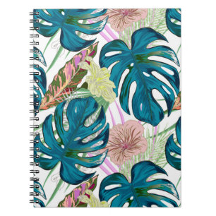 Dark turquoise monstera, delicate peach and yellow notebook