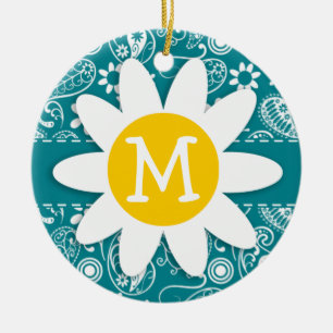 Dark Turquoise Paisley; Daisy Ceramic Ornament