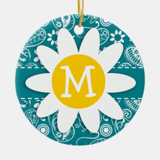 Dark Turquoise Paisley; Daisy Ceramic Ornament (Front)