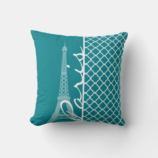 Dark Turquoise Quatrefoil; Eiffel Tower, Paris Throw Pillow (Front)