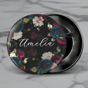 Dark Turquoise Red Floral Monogram Button