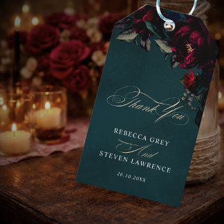 Dark Turquoise Red Gothic Moody Floral Wedding Gift Tags
