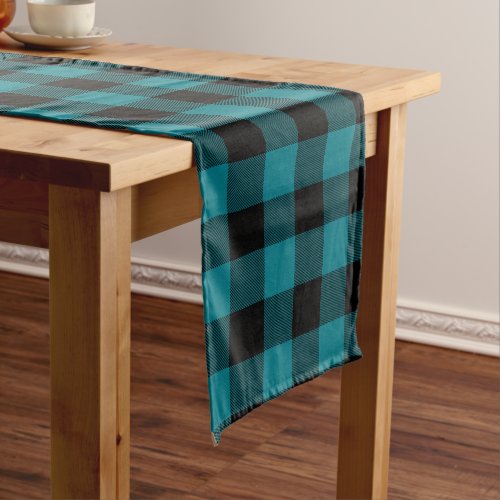 Dark Turquoise Teal and Black Buffalo Plaid Long Table Runner