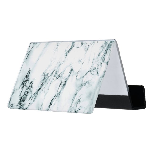 Dark Turquoise Vein Marble Look Desk Business Card Holder (Angled Back)