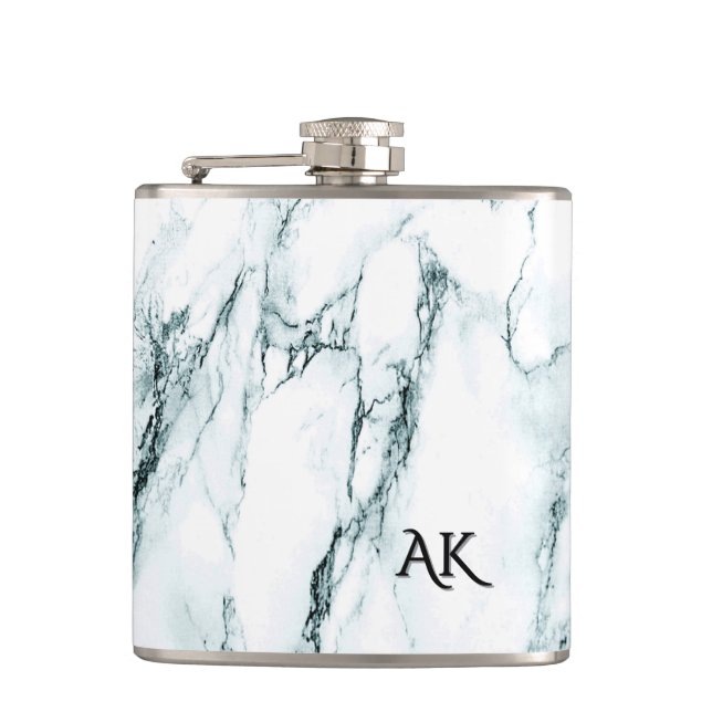 Dark Turquoise Vein Marble Monogram Flask (Front)