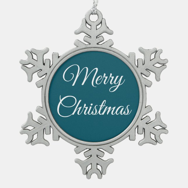 Dark Turquoise & White: Snowflake Pewter Christmas Ornament (Front)