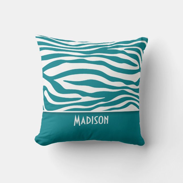 Dark Turquoise Zebra Stripes; Personalized Throw Pillow (Front)