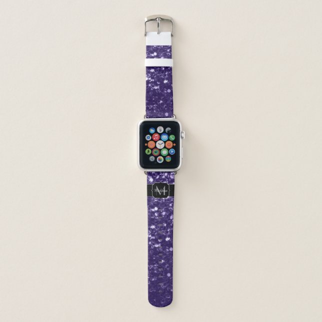 Dark ultra violet purple glitter sparkles Monogram Apple Watch Band (Front)