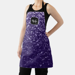 Dark ultra violet purple glitter sparkles Monogram Apron