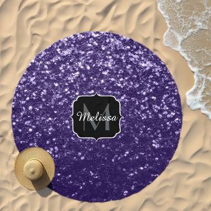 Dark ultra violet purple glitter sparkles Monogram Beach Towel