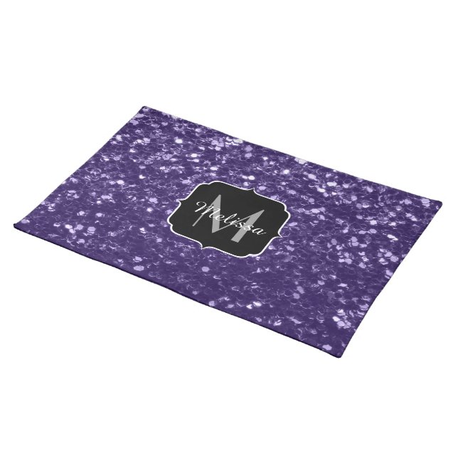 Dark ultra violet purple glitter sparkles Monogram Cloth Placemat (On Table)