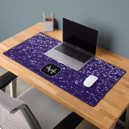 Dark ultra violet purple glitter sparkles Monogram Desk Mat