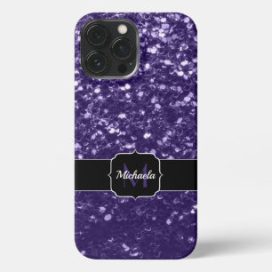 Dark ultra violet purple glitter sparkles Monogram iPhone 13 Pro Max Case