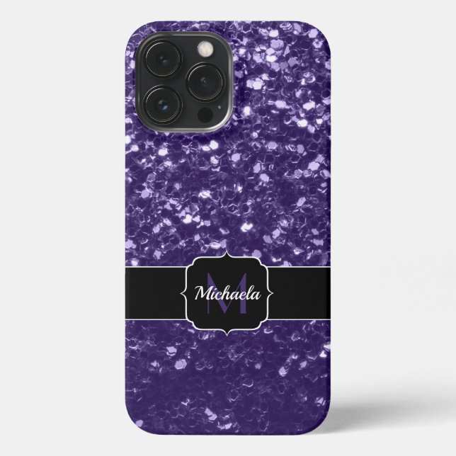 Dark ultra violet purple glitter sparkles Monogram iPhone Case (Back)