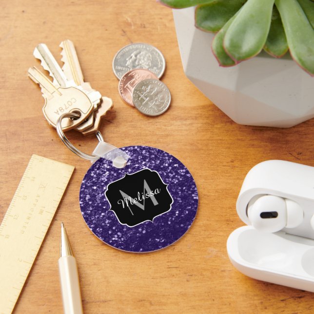 Dark ultra violet purple glitter sparkles Monogram Keychain (Desk)
