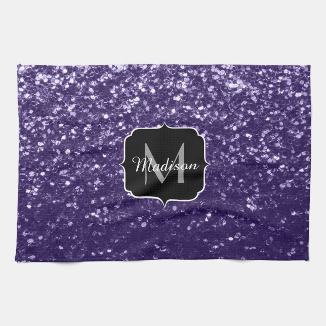 Dark ultra violet purple glitter sparkles Monogram Kitchen Towel (Horizontal)