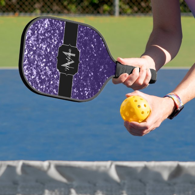 Dark ultra violet purple glitter sparkles Monogram Pickleball Paddle (Insitu)