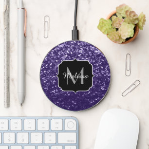 Dark ultra violet purple glitter sparkles Monogram Wireless Charger