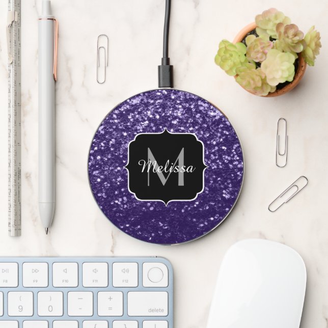 Dark ultra violet purple glitter sparkles Monogram Wireless Charger (Desk)