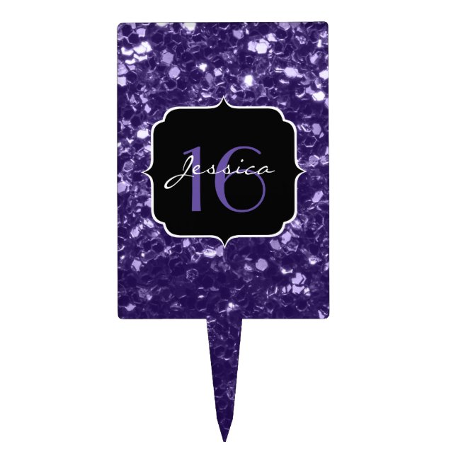 Dark ultra violet purple glitter sparkles Sweet 16 Cake Topper (Front)