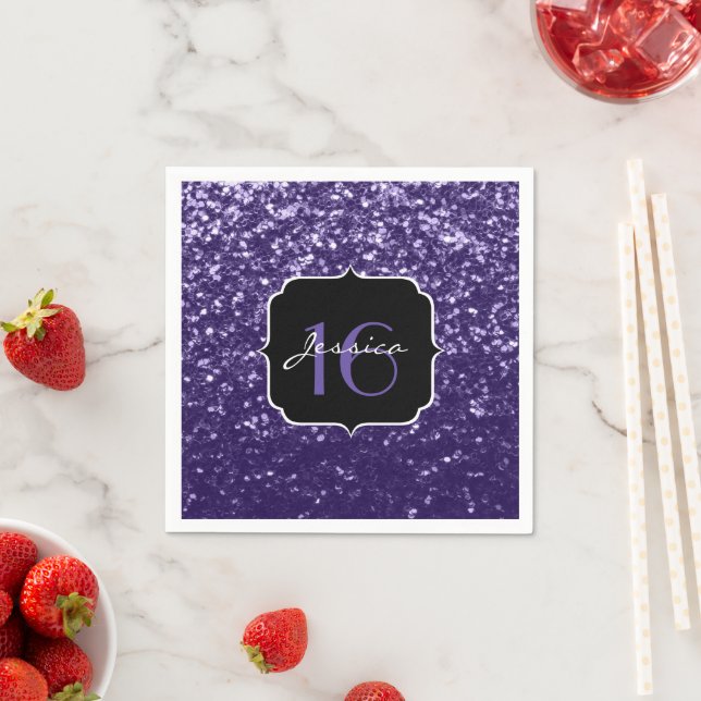 Dark Ultra violet purple glitter sparkles Sweet 16 Napkins (Insitu)