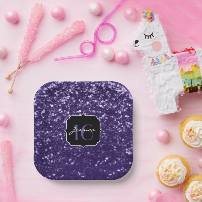 Dark ultra violet purple glitter sparkles Sweet 16 Paper Plates (Party)