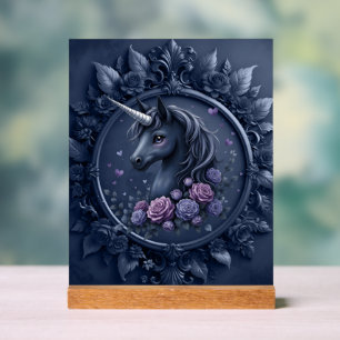 Dark Unicorn Portrait in a Round Frame Acrylic Sign
