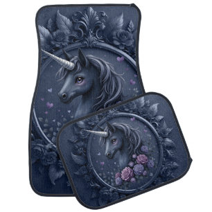 Dark Unicorn Portrait in a Round Frame Car Floor Mat