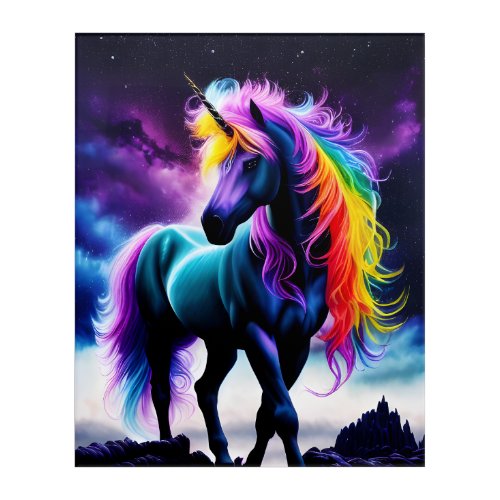 Dark Unicorn with Rainbow Mane Acrylic Print