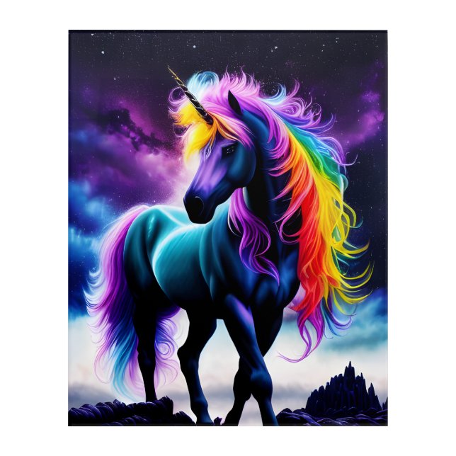 Dark Unicorn with Rainbow Mane Acrylic Print (Front)
