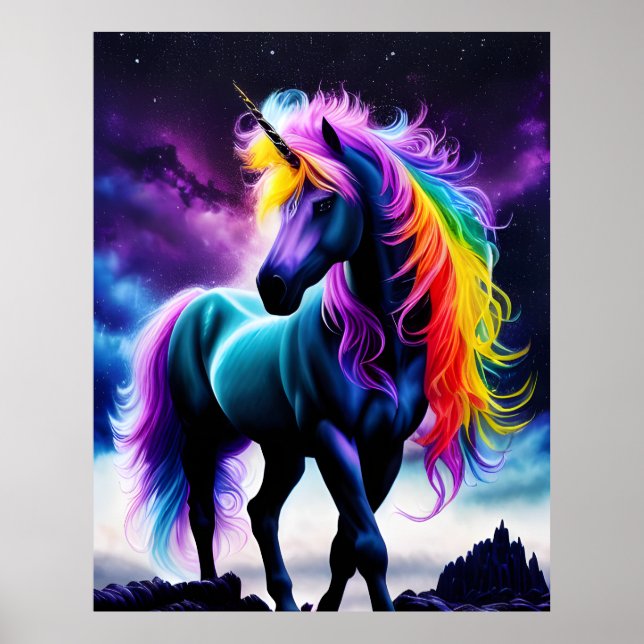 Dark Unicorn with Rainbow Mane Poster (Front)