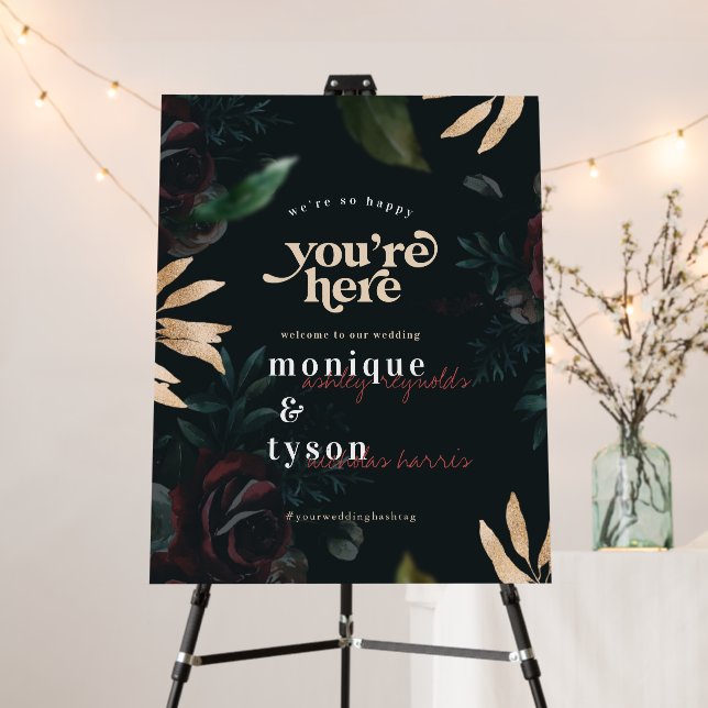 Dark Velvet Burgundy Rose | Autumn Wedding Welcome Foam Board (In Situ (Stand))