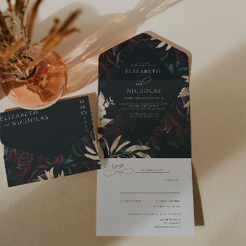 Dark Velvet Burgundy Rose | Autumn Winter Wedding All In One Invitation by IYHTVDesigns at Zazzle