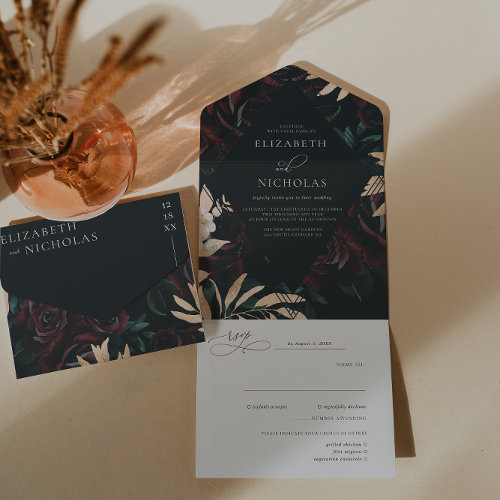 Dark Velvet Burgundy Rose | Autumn Winter Wedding All In One Invitation