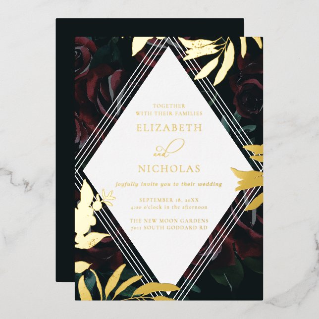 Dark Velvet Burgundy Rose | Autumn Winter Wedding  Foil Invitation (Front/Back)