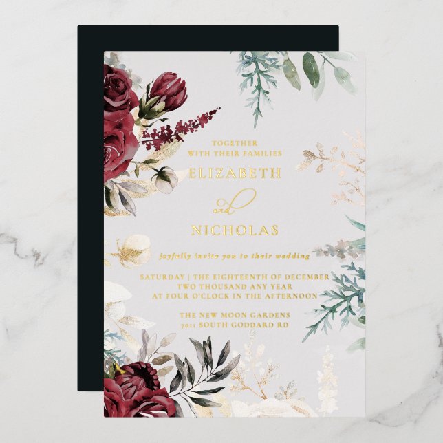 Dark Velvet Burgundy Rose | Autumn Winter Wedding  Foil Invitation (Front/Back)