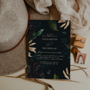 Dark Velvet Burgundy Rose | Autumn Winter Wedding  Invitation