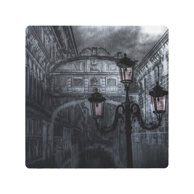 Dark Venice Rain Bridge of Sighs at Night Metal Print (Front)