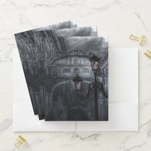 Dark Venice Rain Bridge of Sighs at Night Pocket Folder