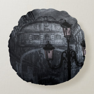 Dark Venice Rain Bridge of Sighs at Night Round Pillow