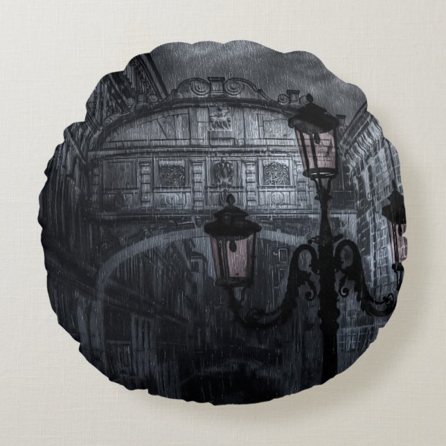Dark Venice Rain Bridge of Sighs at Night Round Pillow (Front)