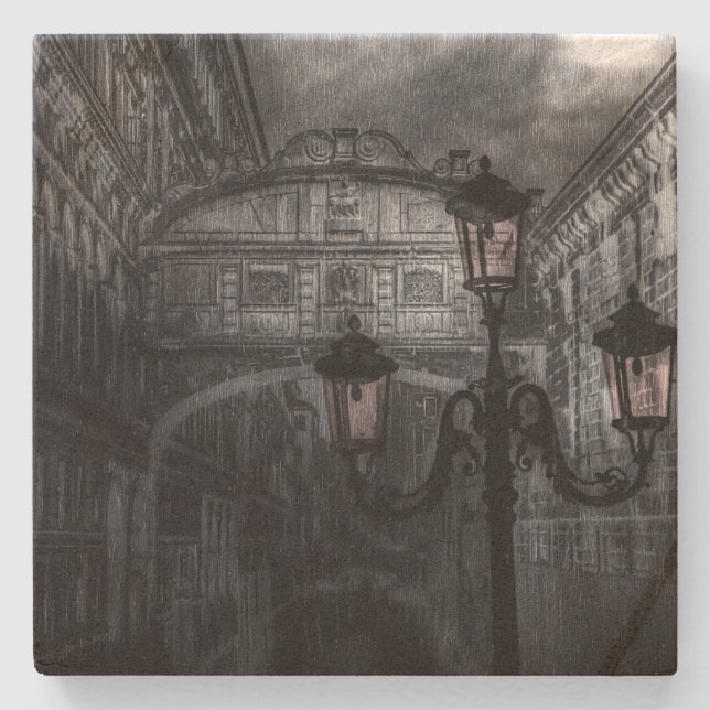 Dark Venice Rain Bridge of Sighs at Night Stone Coaster (Front)