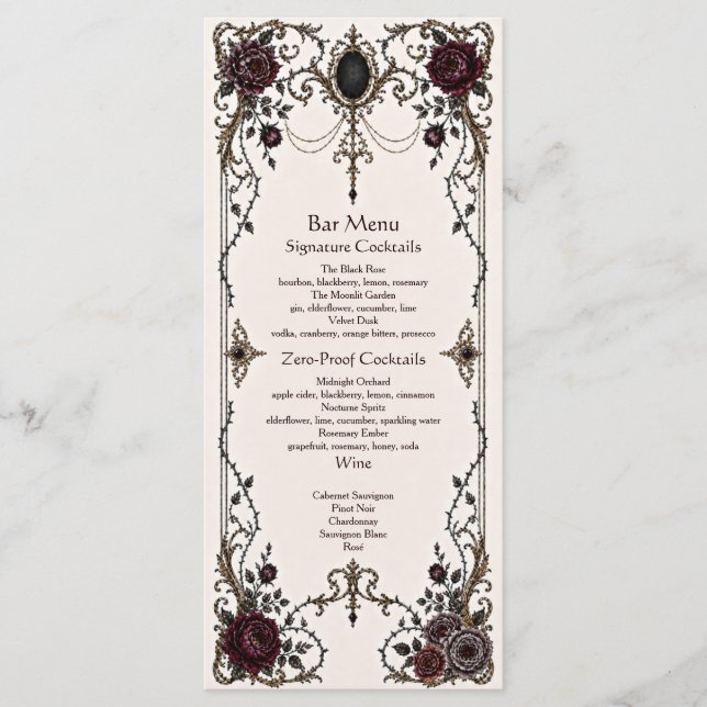 Dark Victorian Gothic Floral Wedding Bar Menu (Front)