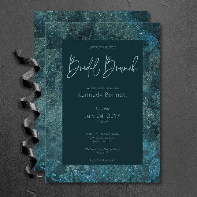 Dark Victorian Teal Damask Bridal Brunch Invitation (Dark Victorian Teal Damask Bridal Brunch Invitation)
