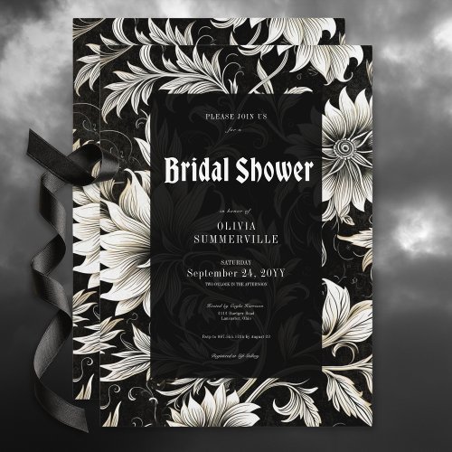Dark Vintage Black  White Damask Bridal Shower Invitation