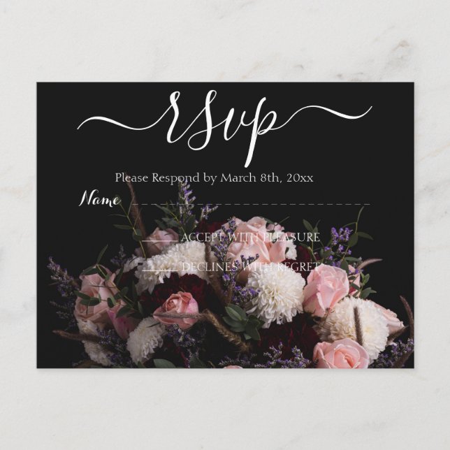 Dark vintage burgundy  Floral RSVP Postcard (Front)