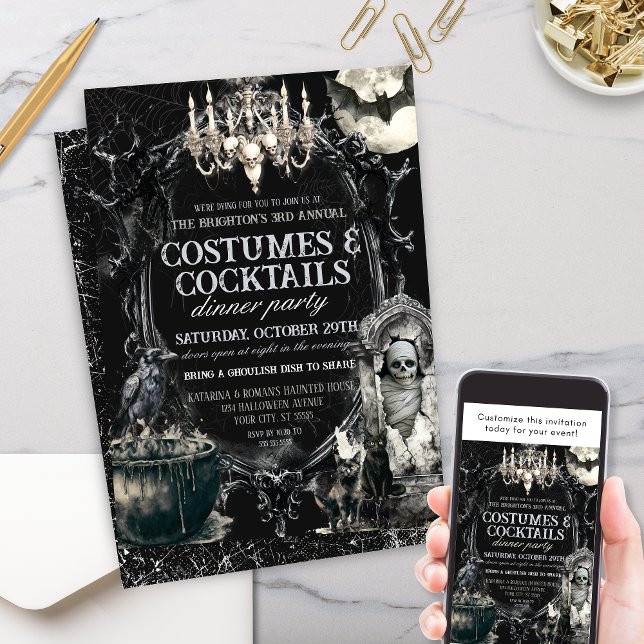 Dark Vintage Costumes and Cocktails Halloween Invitation (Moody Vintage Black and White Costumes and Cocktails Halloween Party Invitation for dinner party)