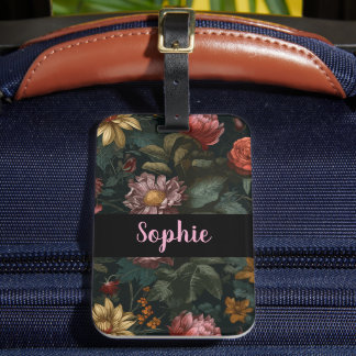 Dark Vintage Floral Custom Name Elegant Travel Luggage Tag