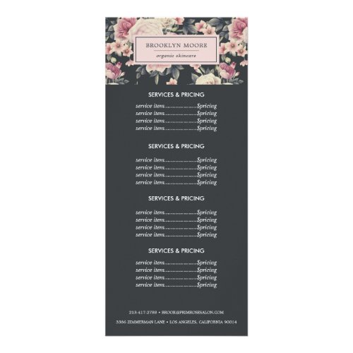 Dark Vintage Floral Logo  Pricing Services Rack Card