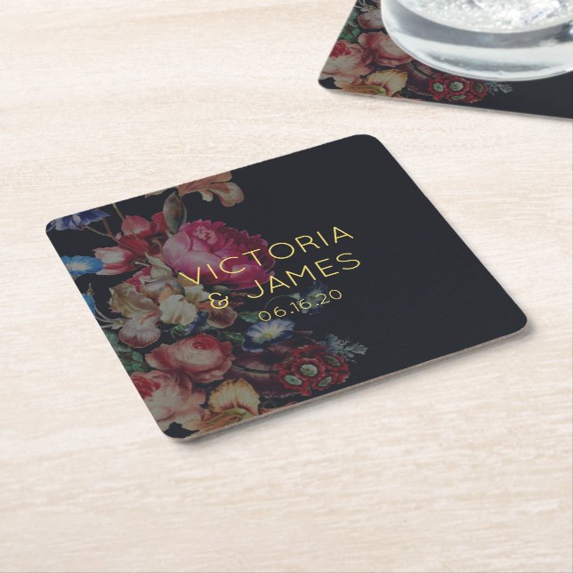 Dark Vintage Floral Personalized Wedding Coasters (Angled)